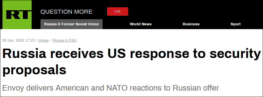 美国和北约就安全保障问题向俄罗斯递交书面回复