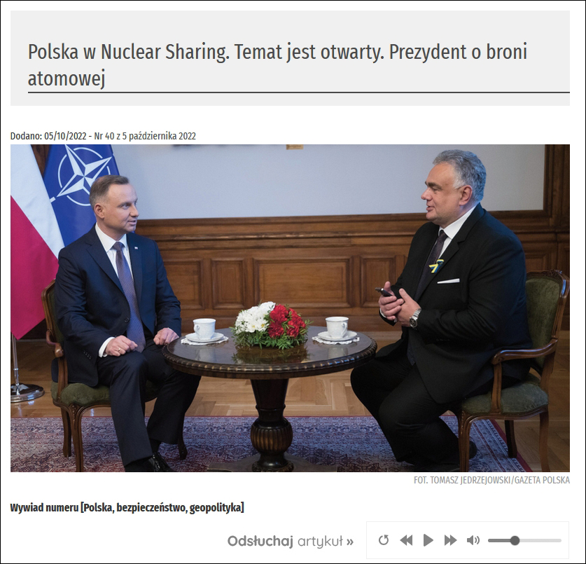 波兰总统首度披露：正与美讨论核共享应对俄“威胁”