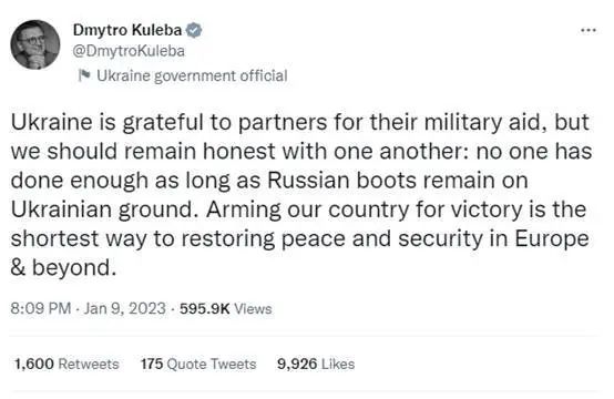 乌克兰外长发推称军援谁都做得不够 俄外交官嘲讽