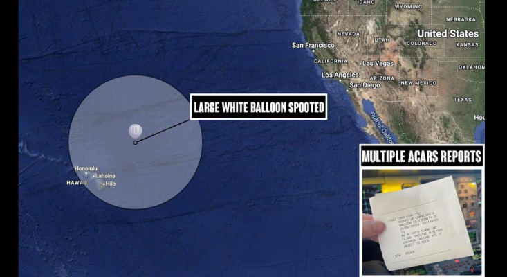 美国多名飞行员发现一个大型白色气球 在夏威夷以东