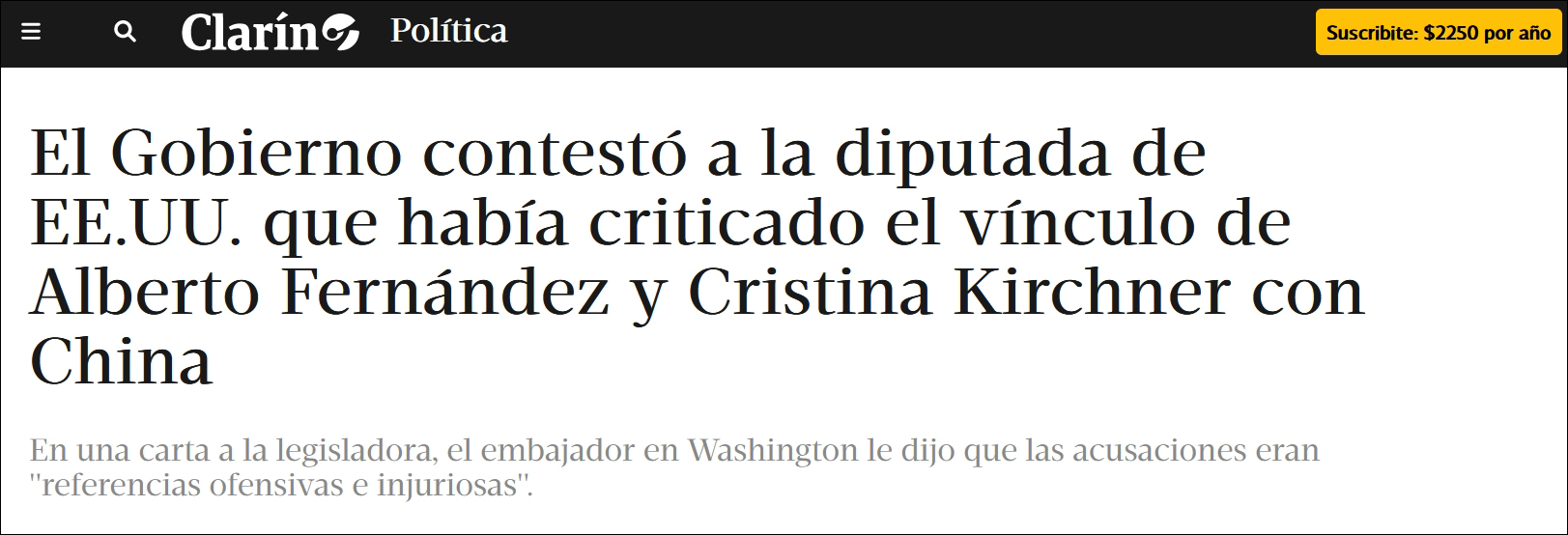 美议员抹黑中阿关系 阿根廷驻美大使听不下去了