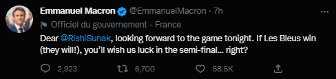 法国队淘汰英格兰队，马克龙喊话英国首相：值得尊敬的对手