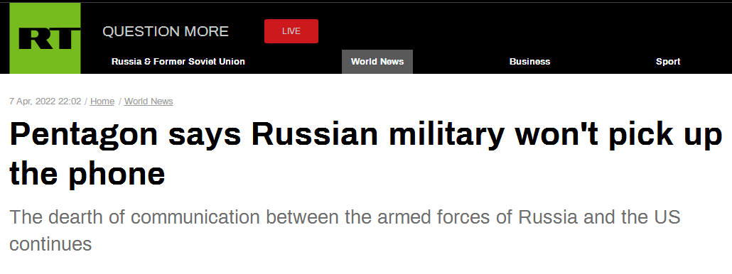 美防长：俄军方不接电话 已经一个多月“没有联系”