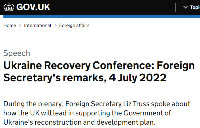 英国政府网站上关于特拉斯在乌克兰复兴会议上的讲话