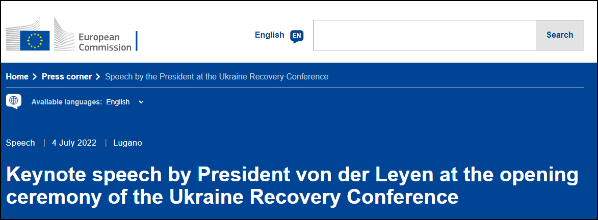 欧盟委员会官方网站上关于冯德莱恩在乌克兰重建国际会议上的讲话