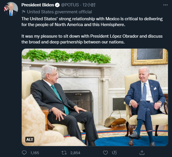 拜登和墨西哥总统于7月12日举行会晤，推文截图