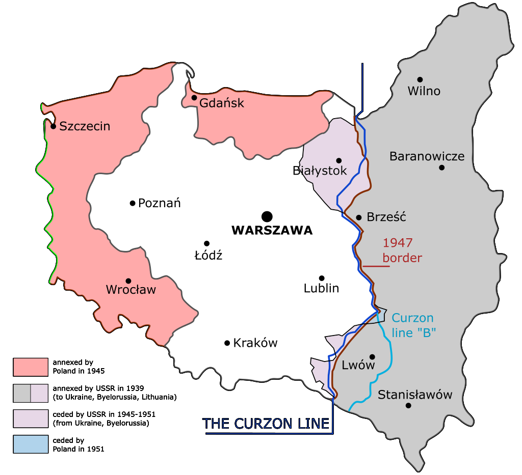 灰色部分即为“波兰前东部领土”（维基百科图）