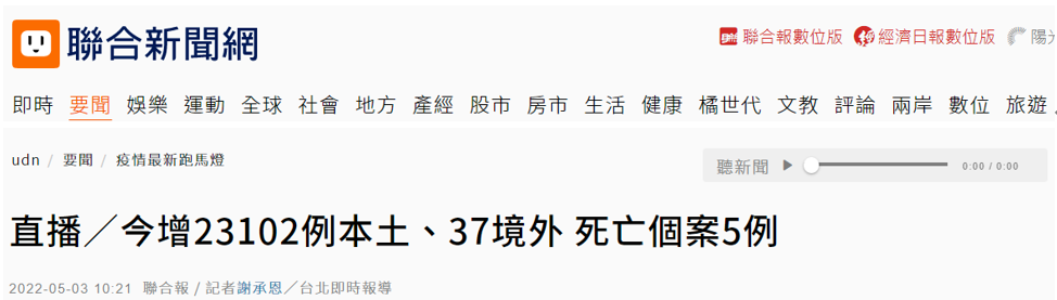 台湾今天新增23139例新冠确诊病例 新增5例死亡病例