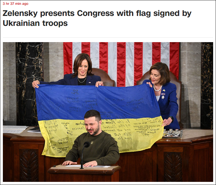 泽连斯基赠美国会乌士兵签名国旗 佩洛西回赠美国旗